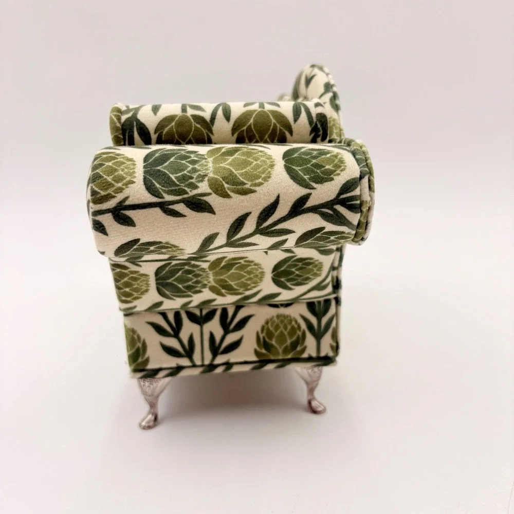 Vintage Style Mini Chaise Lounge Jewelry Box Green Artichoke Botanical Print